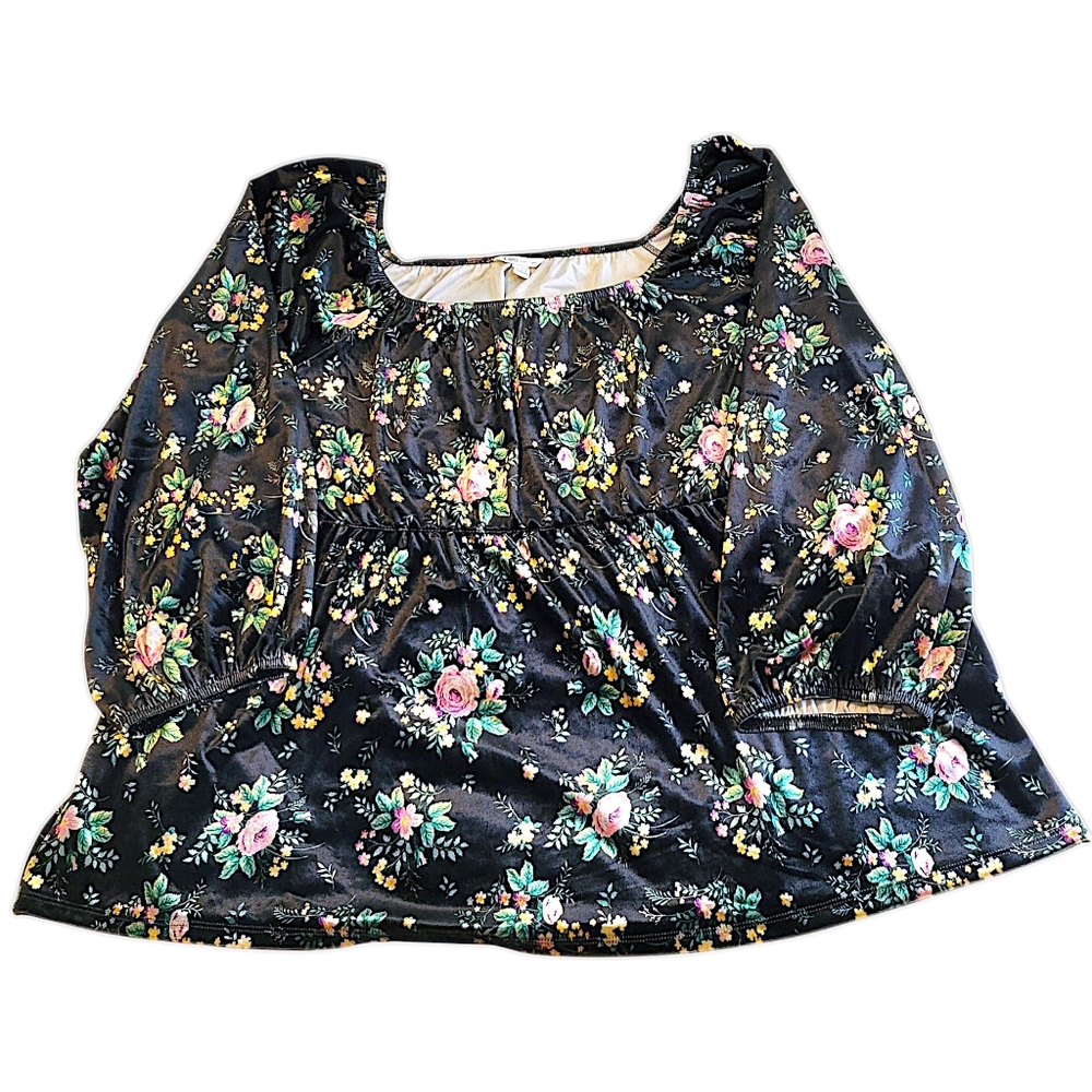 Cato Womens Size 18/20 Black Floral Velvet Long Sleeve Scoop Neck Blouse